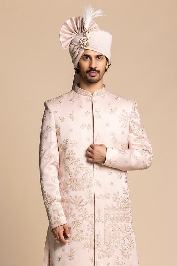 Blush Pink Poly Silk Floral Embroidered Wedding Sherwani Set by Gargee Designers at Pernia's Pop Up Shop