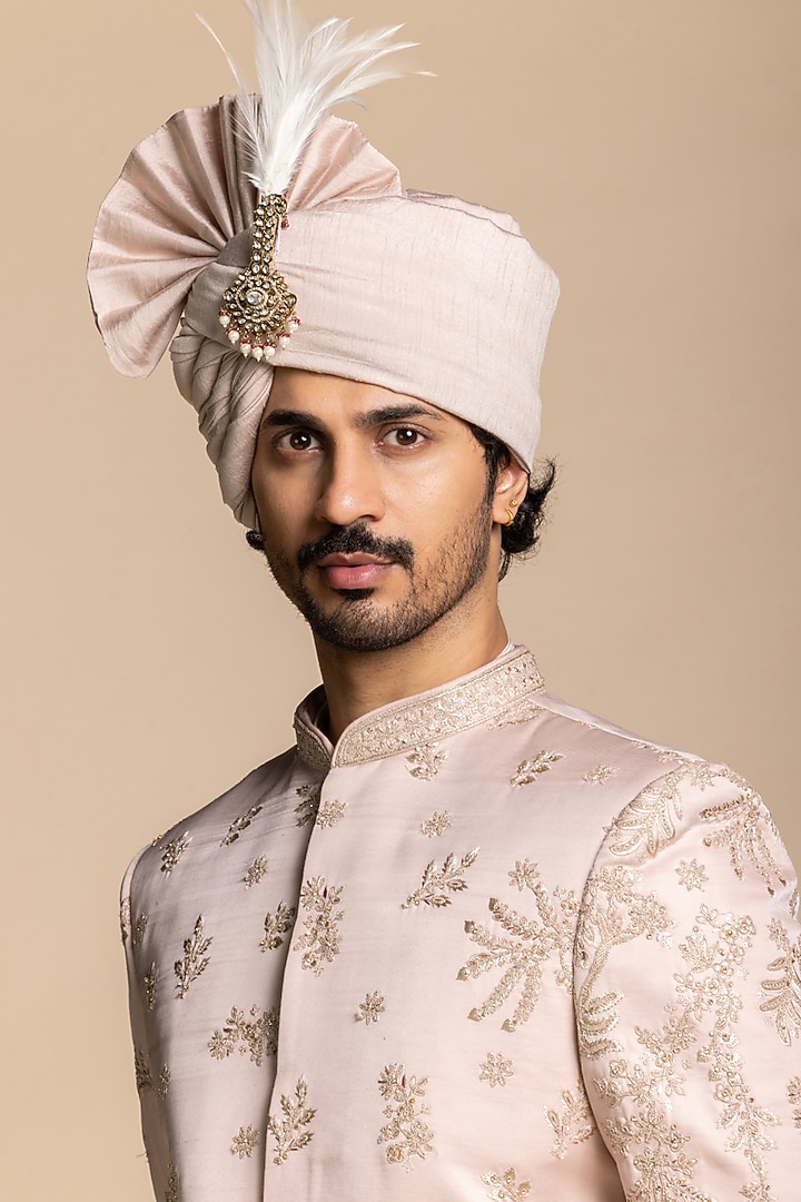 Blush Pink Poly Silk Floral Embroidered Wedding Sherwani Set by Gargee Designers at Pernia's Pop Up Shop