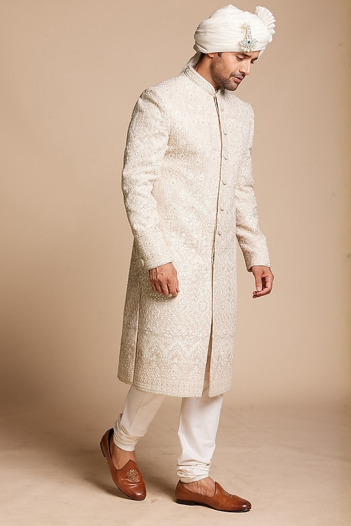 Mint Green Chanderi Silk Embroidered Groom Sherwani Set by Gargee Designers at Pernia's Pop Up Shop