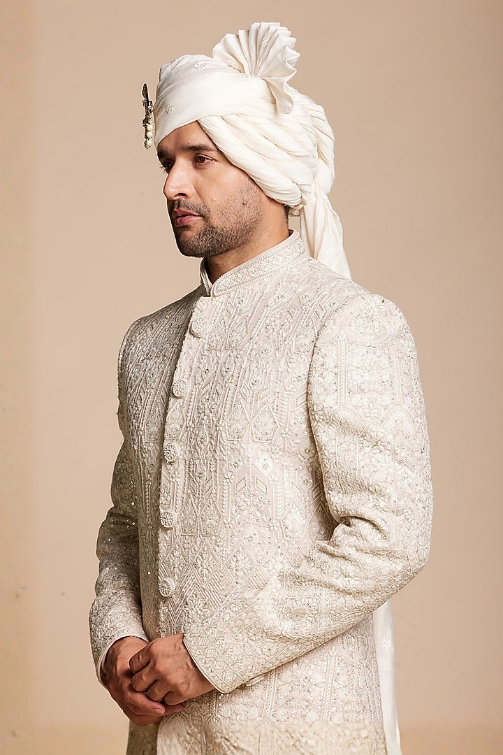 Mint Green Chanderi Silk Embroidered Groom Sherwani Set by Gargee Designers at Pernia's Pop Up Shop