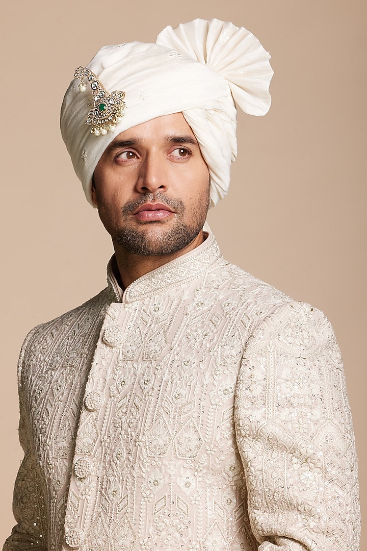 Mint Green Chanderi Silk Embroidered Groom Sherwani Set by Gargee Designers at Pernia's Pop Up Shop