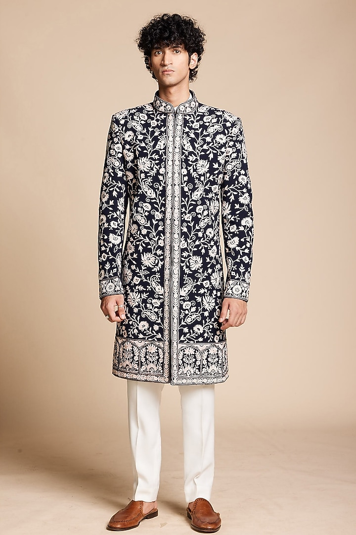 Blue Polyester Floral Embroidered Wedding Indowestern Set by Gargee Designers at Pernia's Pop Up Shop