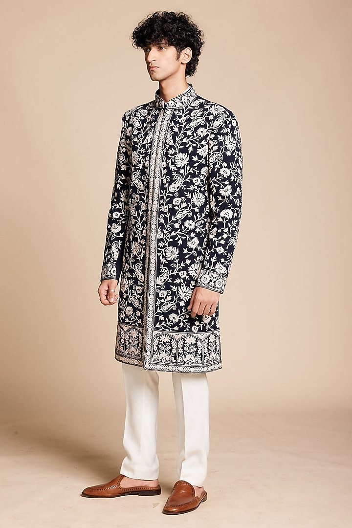 Blue Polyester Floral Embroidered Wedding Indowestern Set by Gargee Designers at Pernia's Pop Up Shop