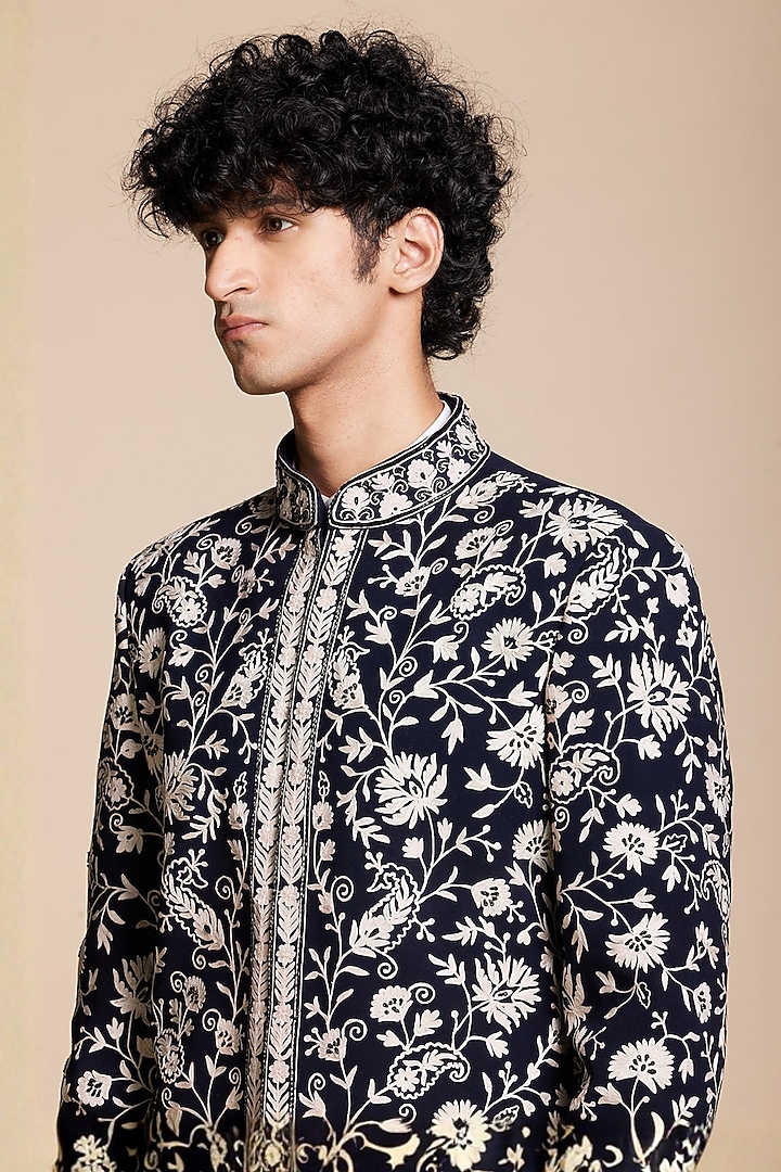 Blue Polyester Floral Embroidered Wedding Indowestern Set by Gargee Designers at Pernia's Pop Up Shop
