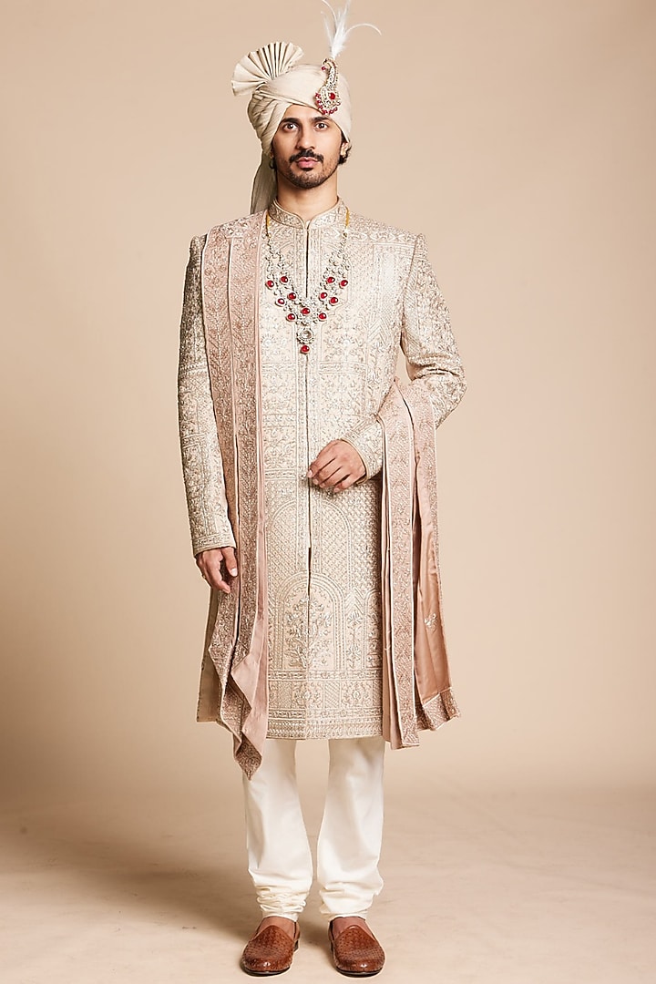 Champagne Polyester Hand Embroidered Groom Sherwani Set by Gargee Designers at Pernia's Pop Up Shop