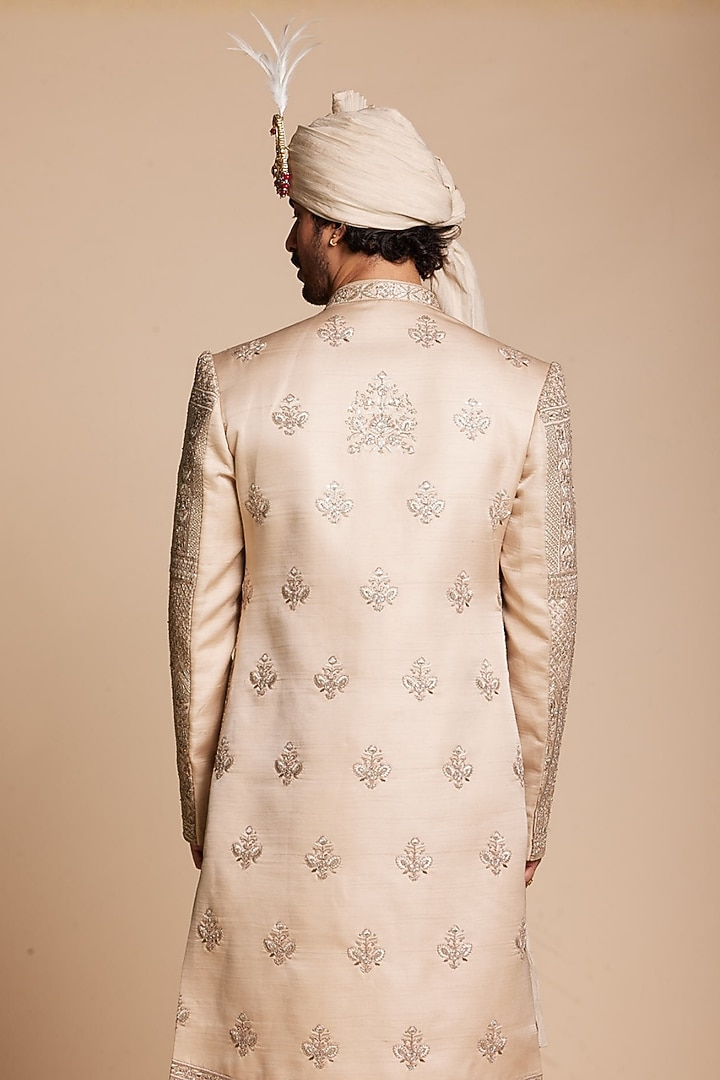 Champagne Polyester Hand Embroidered Groom Sherwani Set by Gargee Designers at Pernia's Pop Up Shop