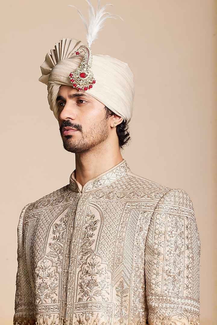 Champagne Polyester Hand Embroidered Groom Sherwani Set by Gargee Designers at Pernia's Pop Up Shop