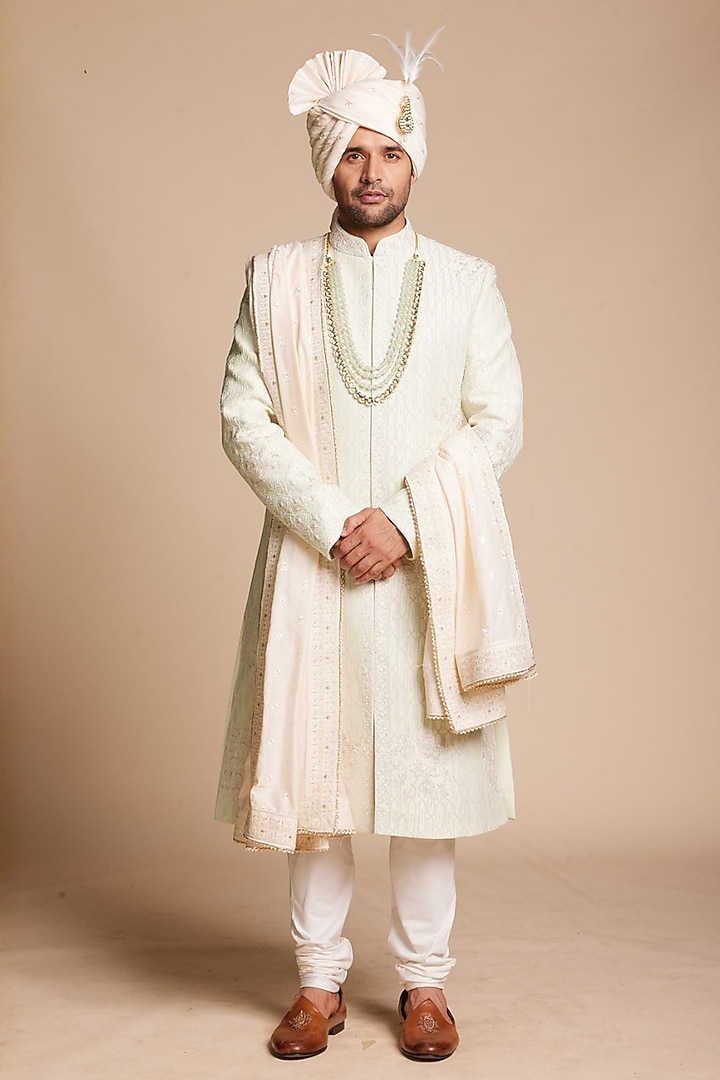 Ivory Cotton Silk Tonal Embroidered Wedding Sherwani Set by Gargee Designers at Pernia's Pop Up Shop