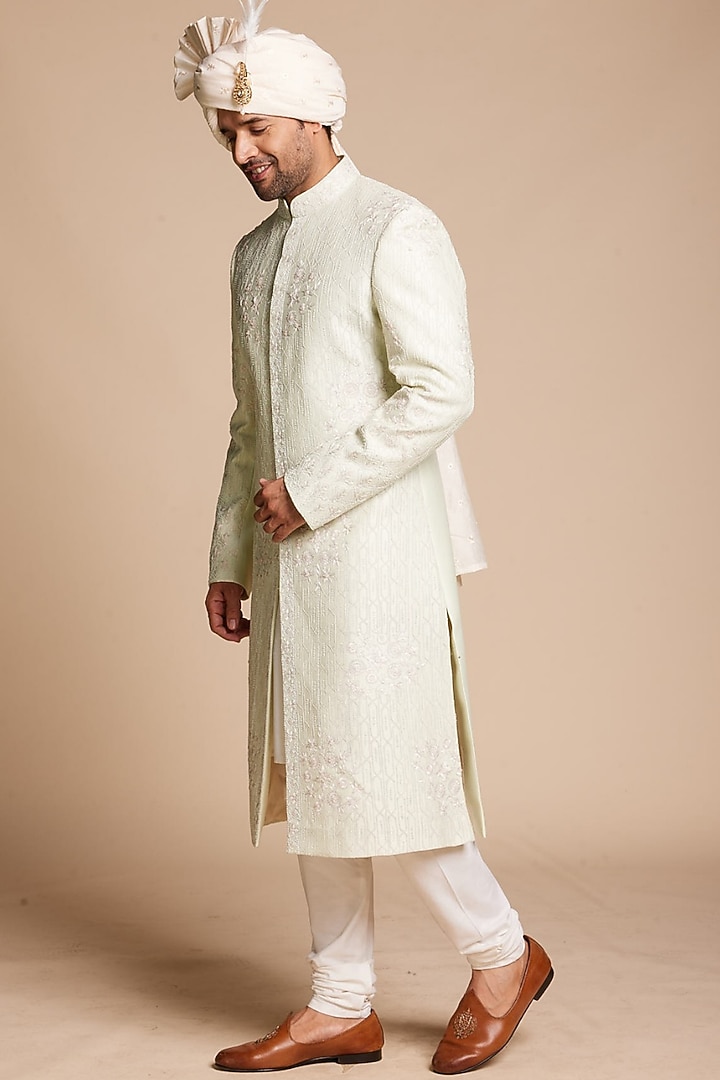 Ivory Cotton Silk Tonal Embroidered Wedding Sherwani Set by Gargee Designers at Pernia's Pop Up Shop