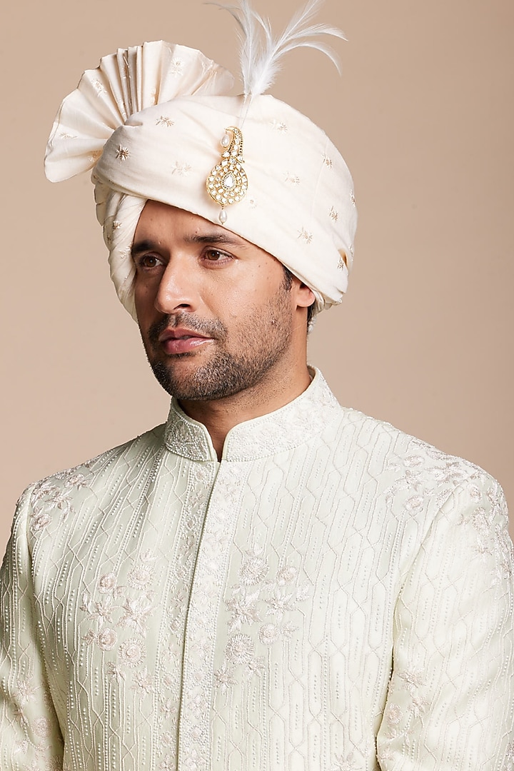 Ivory Cotton Silk Tonal Embroidered Wedding Sherwani Set by Gargee Designers at Pernia's Pop Up Shop