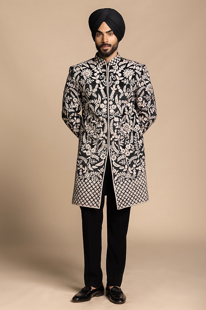 Black Polyester Floral Embroidered Wedding Indowestern Set by Gargee Designers at Pernia's Pop Up Shop