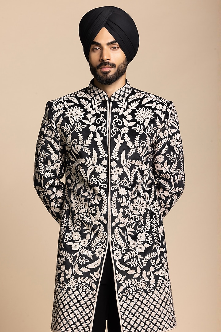 Black Polyester Floral Embroidered Wedding Indowestern Set by Gargee Designers at Pernia's Pop Up Shop