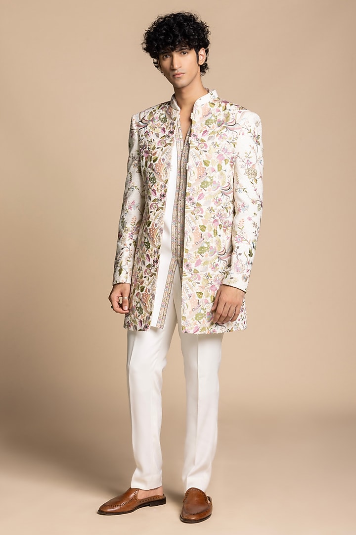 Ivory Cotton Silk Botanical Embroidered Wedding Indowestern Set by Gargee Designers at Pernia's Pop Up Shop