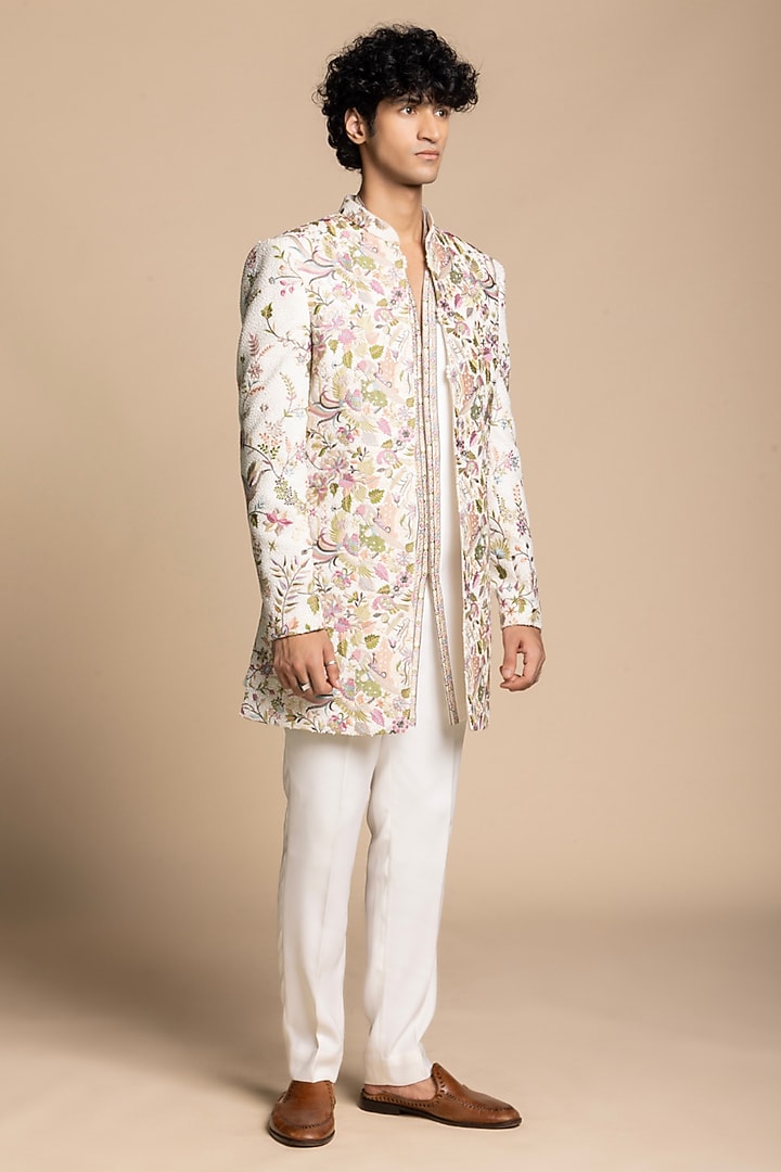 Ivory Cotton Silk Botanical Embroidered Wedding Indowestern Set by Gargee Designers at Pernia's Pop Up Shop