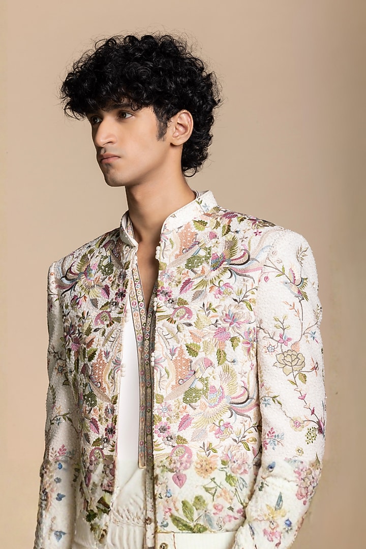 Ivory Cotton Silk Botanical Embroidered Wedding Indowestern Set by Gargee Designers at Pernia's Pop Up Shop
