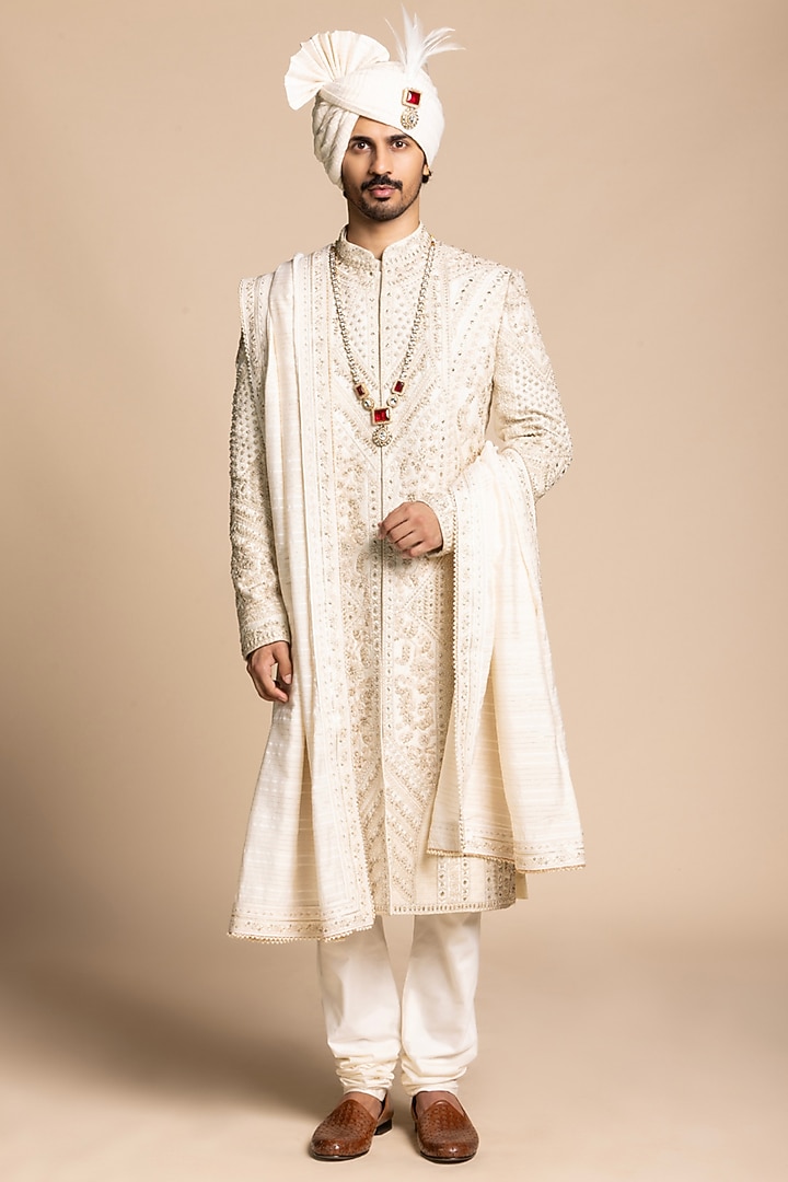 Ivory Raw Silk Hand Embroidered Groom Sherwani Set by Gargee Designers at Pernia's Pop Up Shop