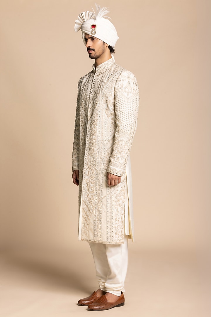 Ivory Raw Silk Hand Embroidered Groom Sherwani Set by Gargee Designers at Pernia's Pop Up Shop
