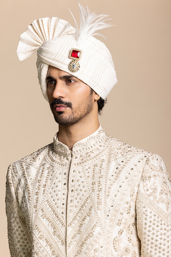 Ivory Raw Silk Hand Embroidered Groom Sherwani Set by Gargee Designers at Pernia's Pop Up Shop