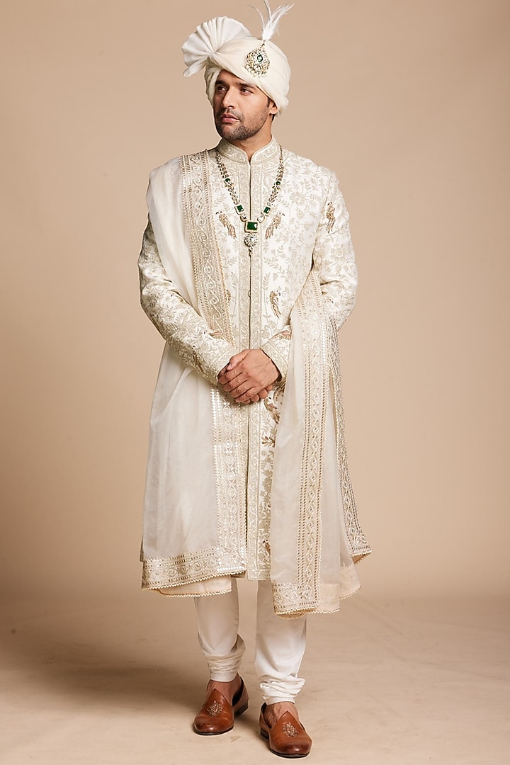 Ivory Raw Silk Embroidered Groom Sherwani Set by Gargee Designers at Pernia's Pop Up Shop