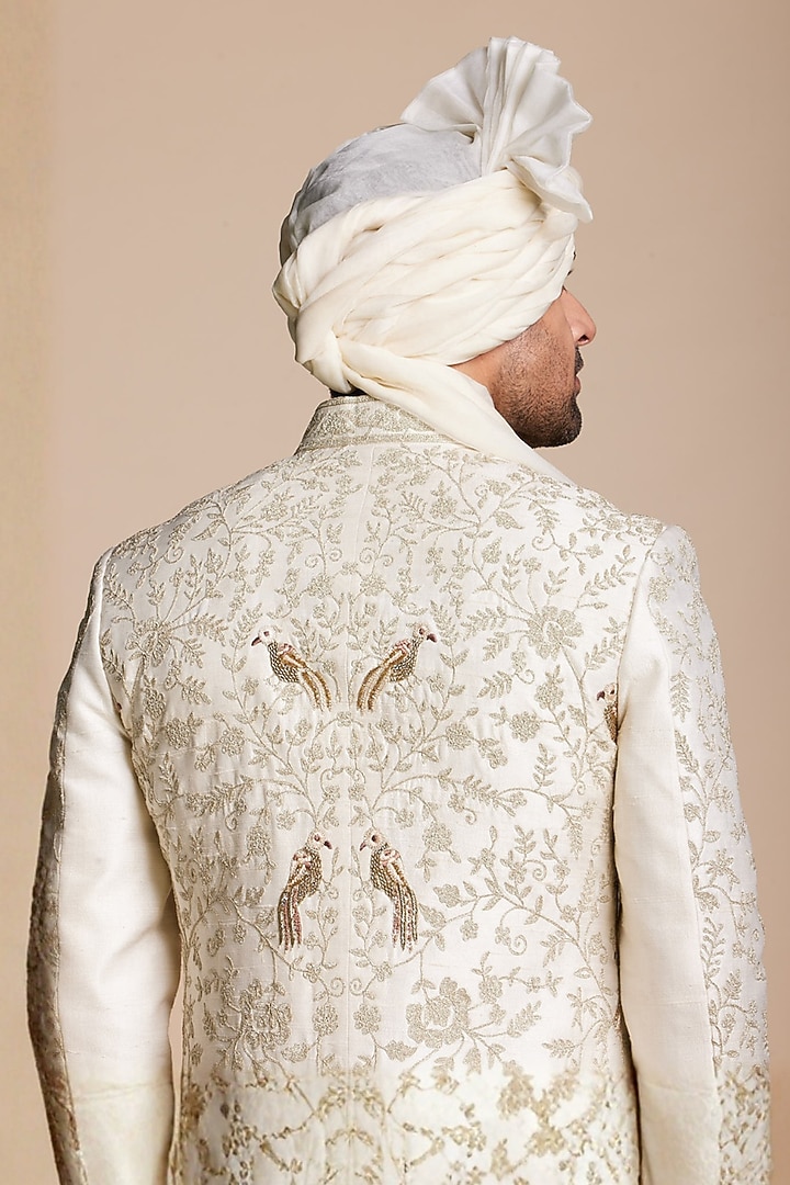 Ivory Raw Silk Embroidered Groom Sherwani Set by Gargee Designers at Pernia's Pop Up Shop