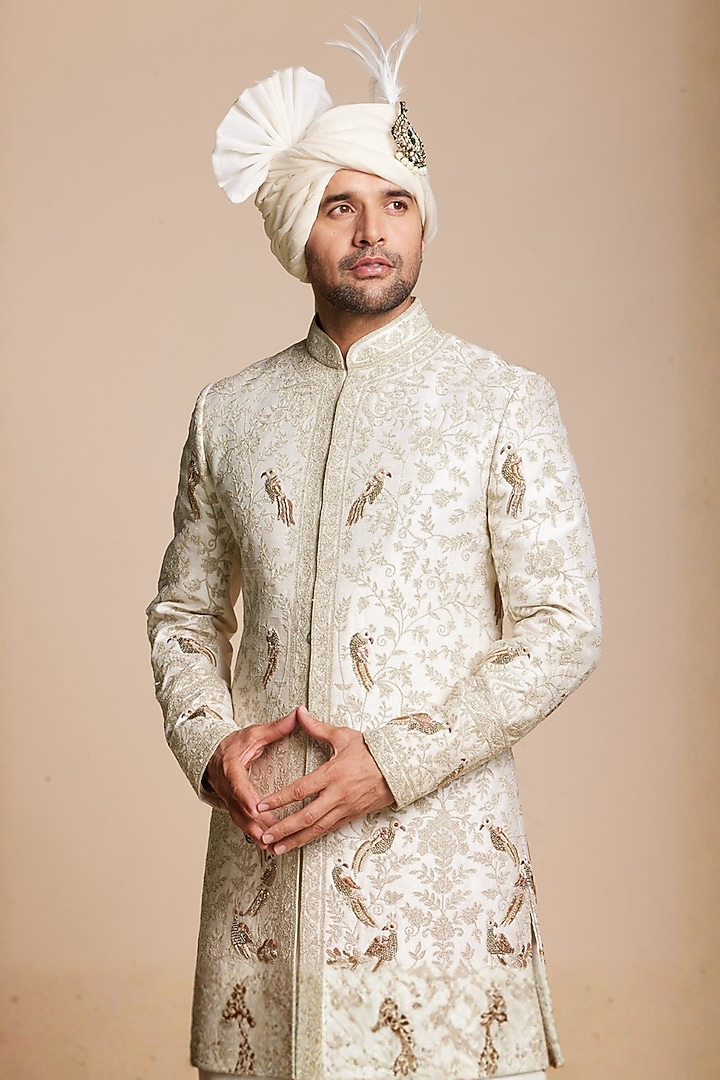 Ivory Raw Silk Embroidered Groom Sherwani Set by Gargee Designers at Pernia's Pop Up Shop