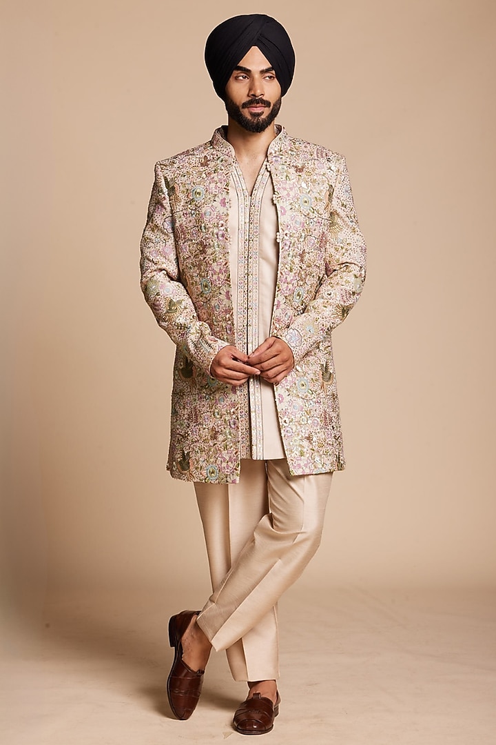 Blush Pink Cotton Silk Floral Embroidered Wedding Indowestern Set by Gargee Designers at Pernia's Pop Up Shop
