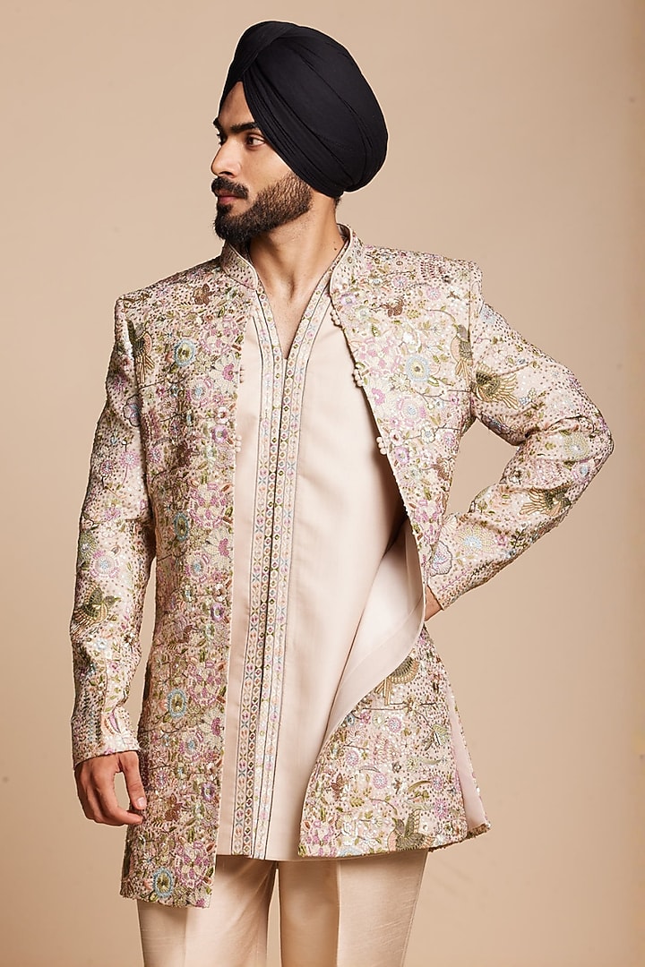 Blush Pink Cotton Silk Floral Embroidered Wedding Indowestern Set by Gargee Designers at Pernia's Pop Up Shop