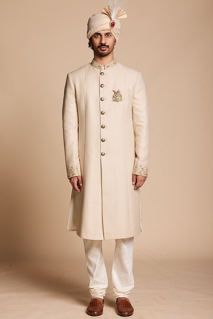 Beige Viscose Jacquard Wedding Sherwani Set by Gargee Designers at Pernia's Pop Up Shop