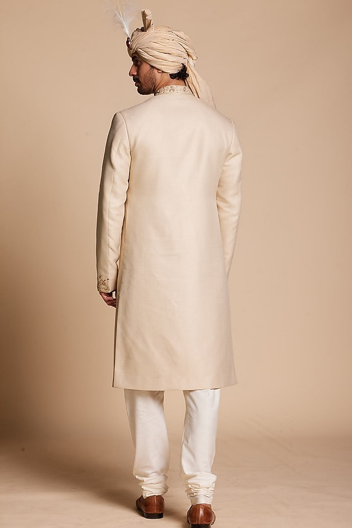 Beige Viscose Jacquard Wedding Sherwani Set by Gargee Designers at Pernia's Pop Up Shop