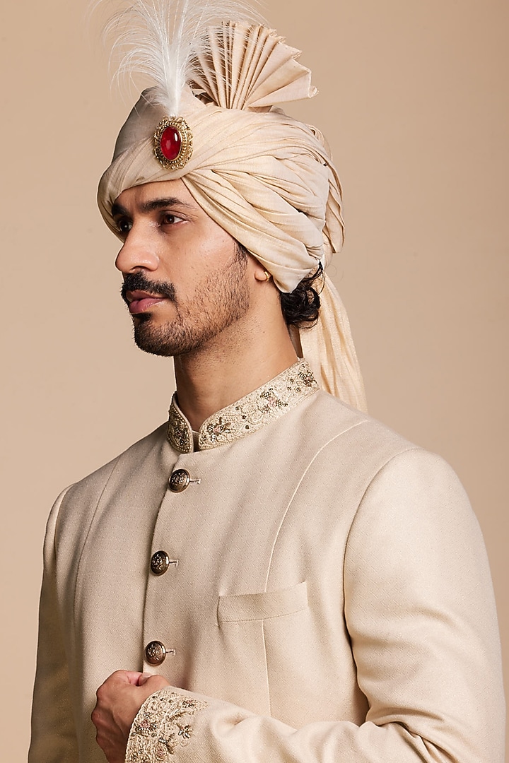 Beige Viscose Jacquard Wedding Sherwani Set by Gargee Designers at Pernia's Pop Up Shop