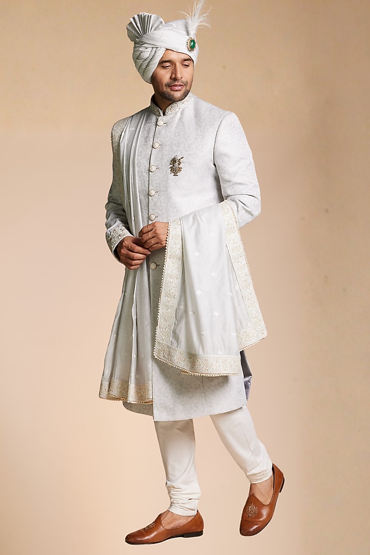 Ice Blue Viscose Jacquard Wedding Sherwani Set by Gargee Designers at Pernia's Pop Up Shop