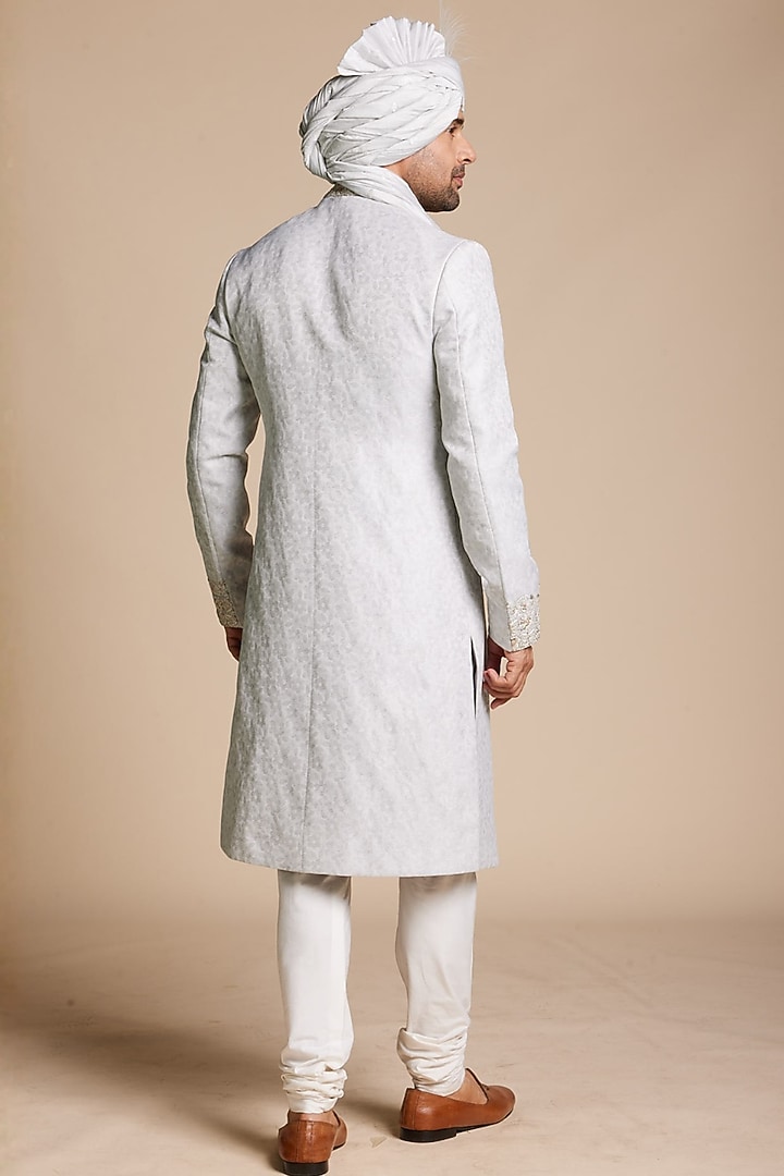 Ice Blue Viscose Jacquard Wedding Sherwani Set by Gargee Designers at Pernia's Pop Up Shop