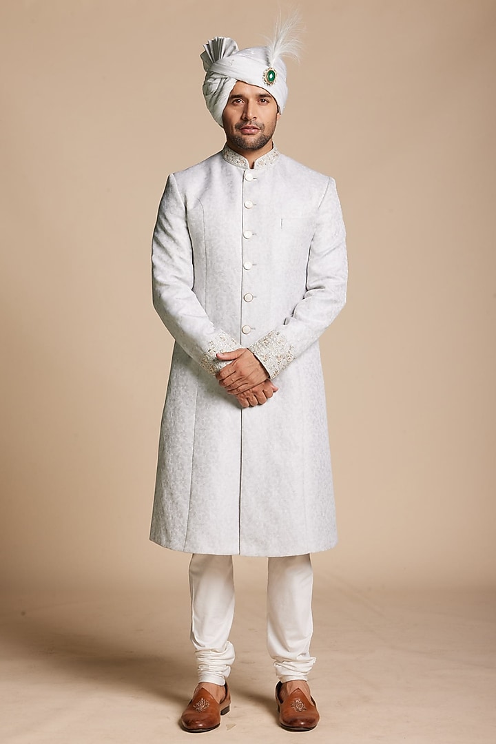 Ice Blue Viscose Jacquard Wedding Sherwani Set by Gargee Designers at Pernia's Pop Up Shop