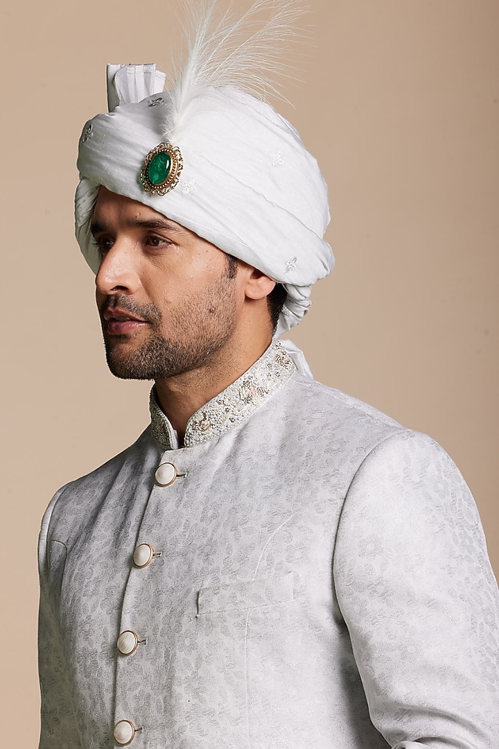 Ice Blue Viscose Jacquard Wedding Sherwani Set by Gargee Designers at Pernia's Pop Up Shop