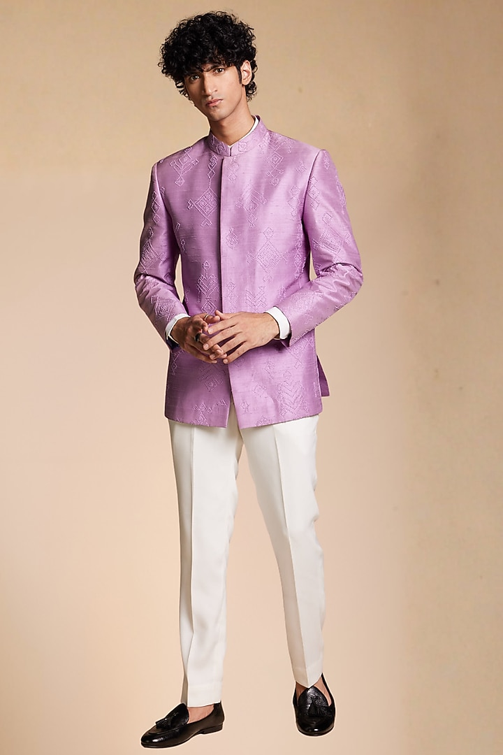 Lavender Raw Silk Wedding Bandhgala Set by Gargee Designers at Pernia's Pop Up Shop