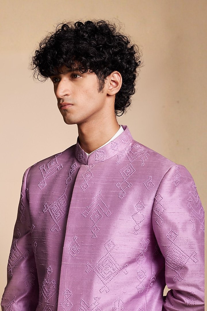 Lavender Raw Silk Wedding Bandhgala Set by Gargee Designers at Pernia's Pop Up Shop