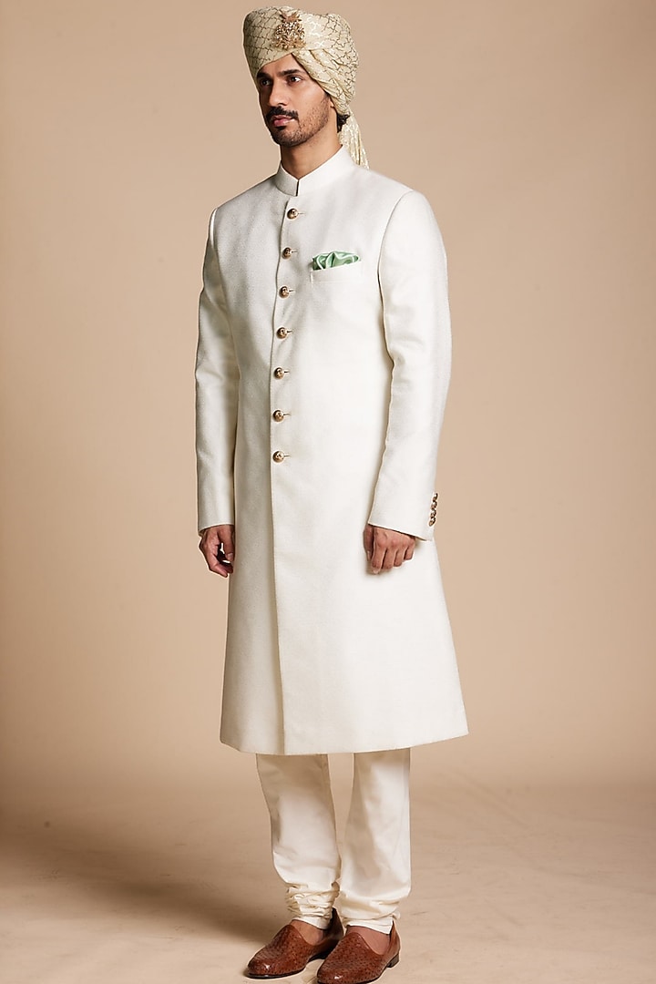 Ivory Cotton Silk Jacquard Textured Wedding Sherwani Set by Gargee Designers at Pernia's Pop Up Shop