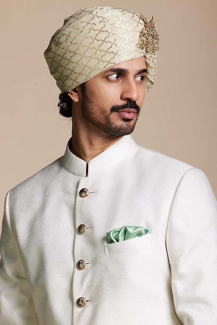 Ivory Cotton Silk Jacquard Textured Wedding Sherwani Set by Gargee Designers at Pernia's Pop Up Shop