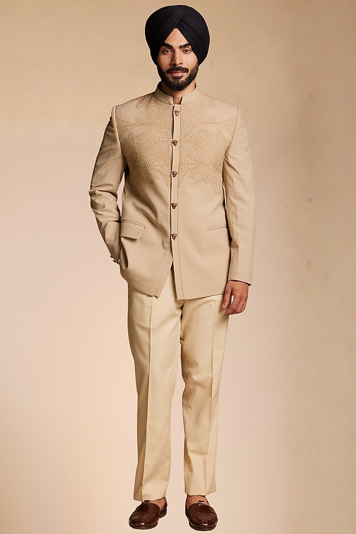 Beige Poly Viscose Wedding Bandhgala Set by Gargee Designers at Pernia's Pop Up Shop