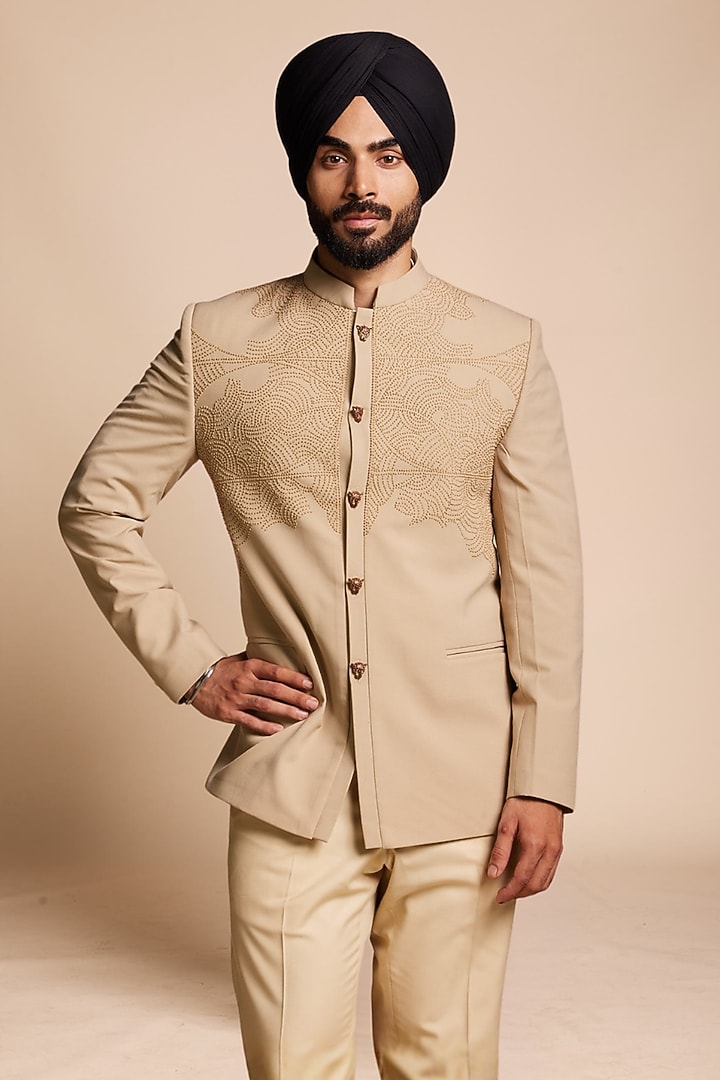 Beige Poly Viscose Wedding Bandhgala Set by Gargee Designers at Pernia's Pop Up Shop