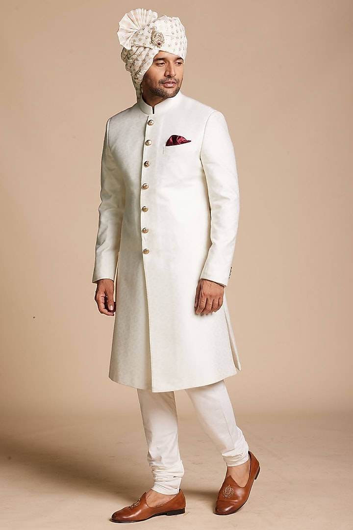 Ivory Cotton Silk Jacquard Wedding Sherwani Set by Gargee Designers at Pernia's Pop Up Shop