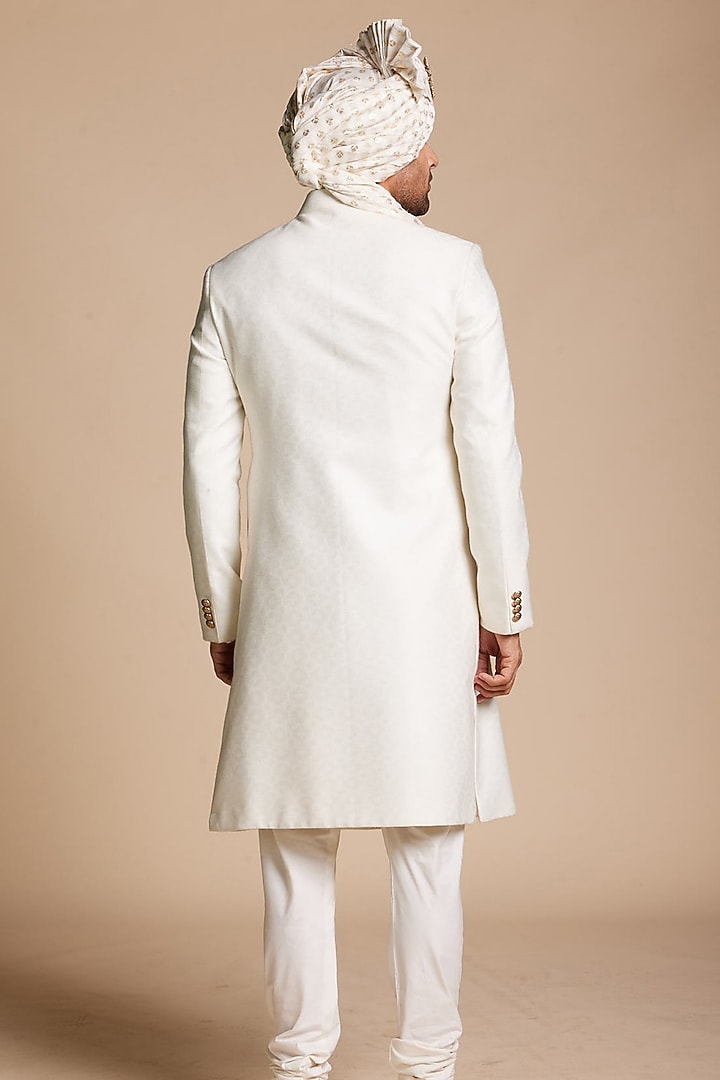 Ivory Cotton Silk Jacquard Wedding Sherwani Set by Gargee Designers at Pernia's Pop Up Shop