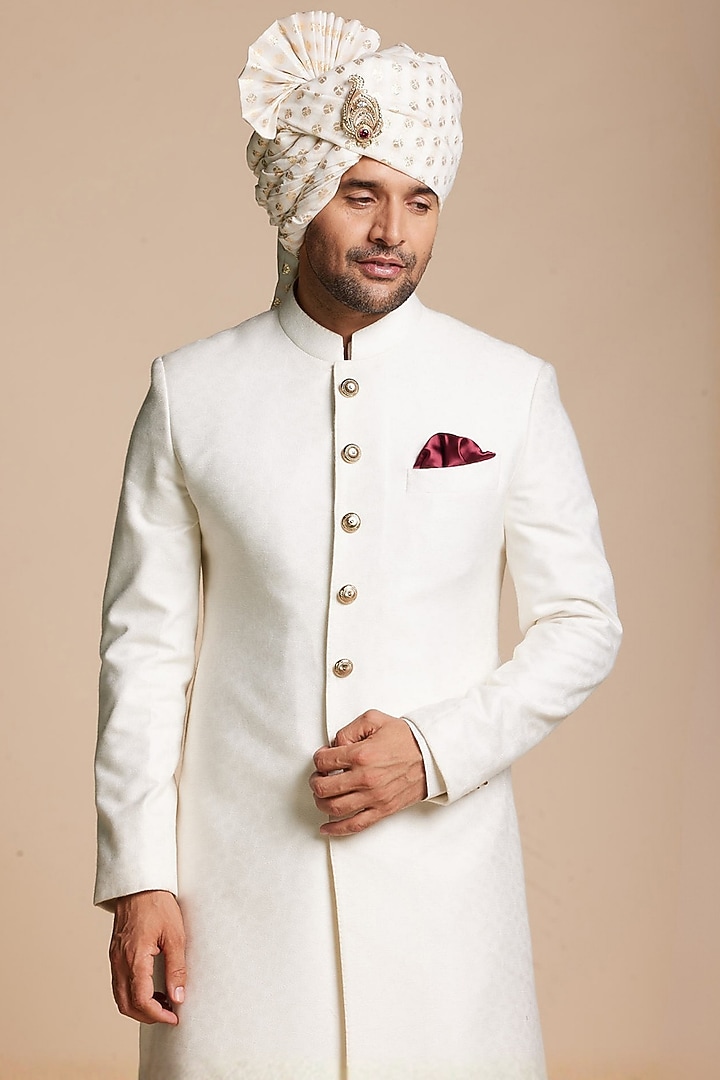 Ivory Cotton Silk Jacquard Wedding Sherwani Set by Gargee Designers at Pernia's Pop Up Shop