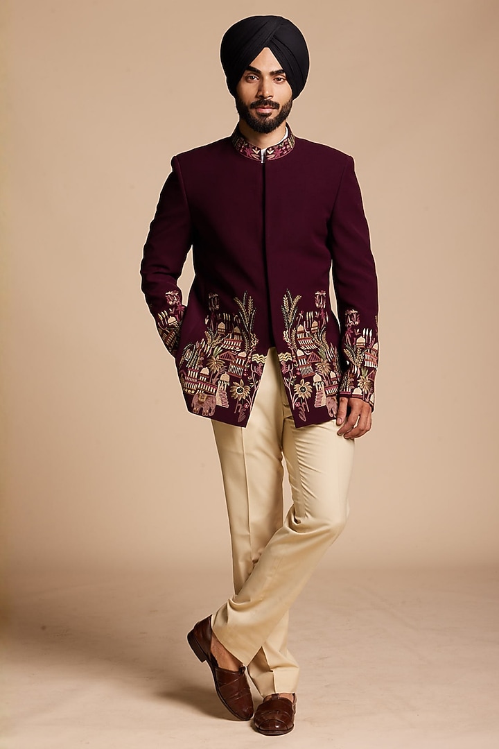 Burgundy Polyester Wedding Bandhgala Set by Gargee Designers at Pernia's Pop Up Shop