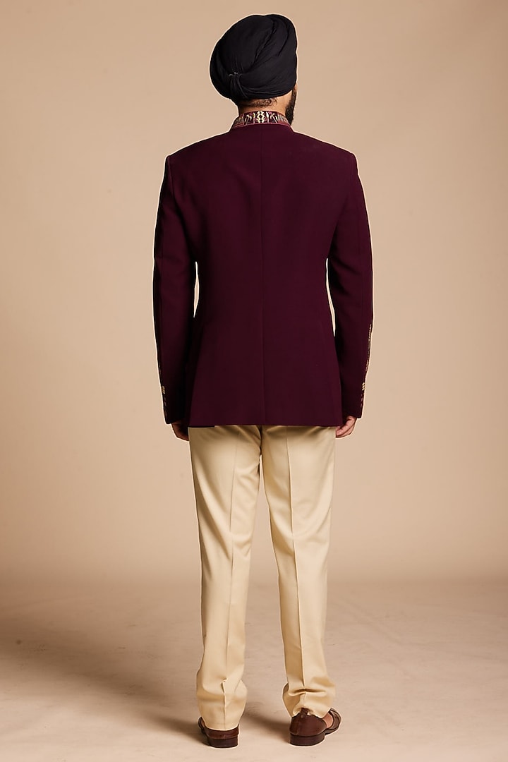 Burgundy Polyester Wedding Bandhgala Set by Gargee Designers at Pernia's Pop Up Shop