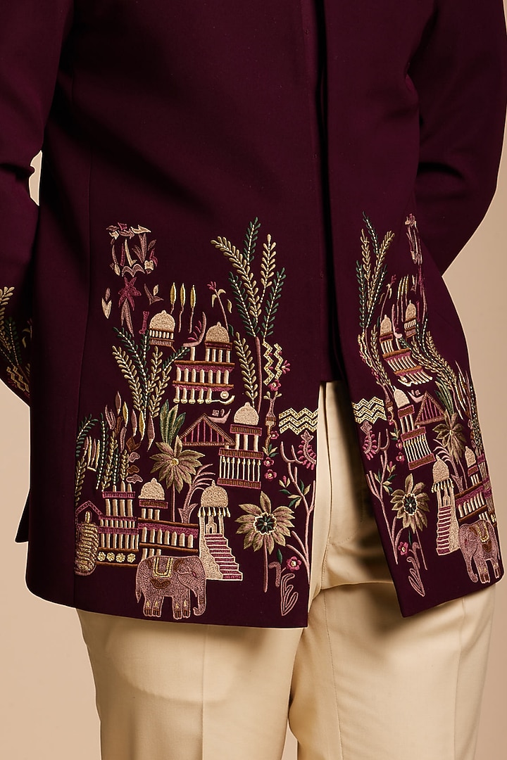 Burgundy Polyester Wedding Bandhgala Set by Gargee Designers at Pernia's Pop Up Shop