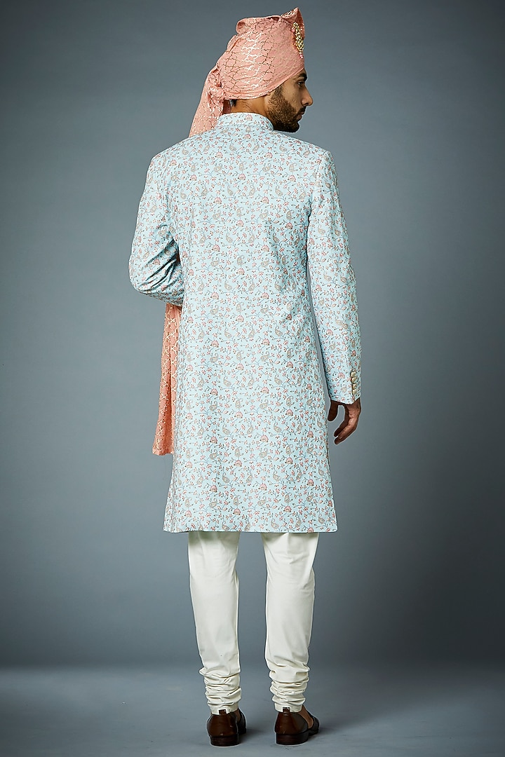Ice Blue Embroidered Wedding Sherwani Set by Gargee Designers at Pernia's Pop Up Shop