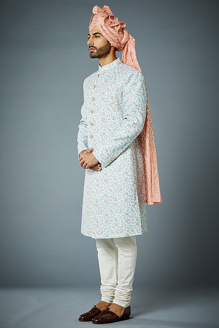 Ice Blue Embroidered Wedding Sherwani Set by Gargee Designers at Pernia's Pop Up Shop