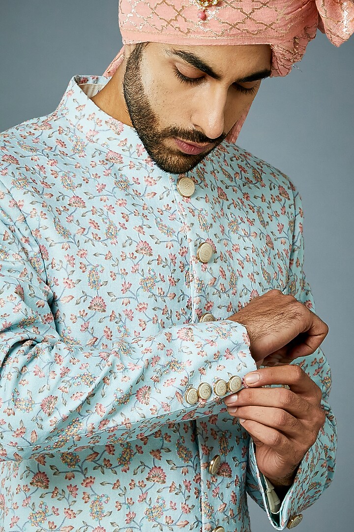 Ice Blue Embroidered Wedding Sherwani Set by Gargee Designers at Pernia's Pop Up Shop