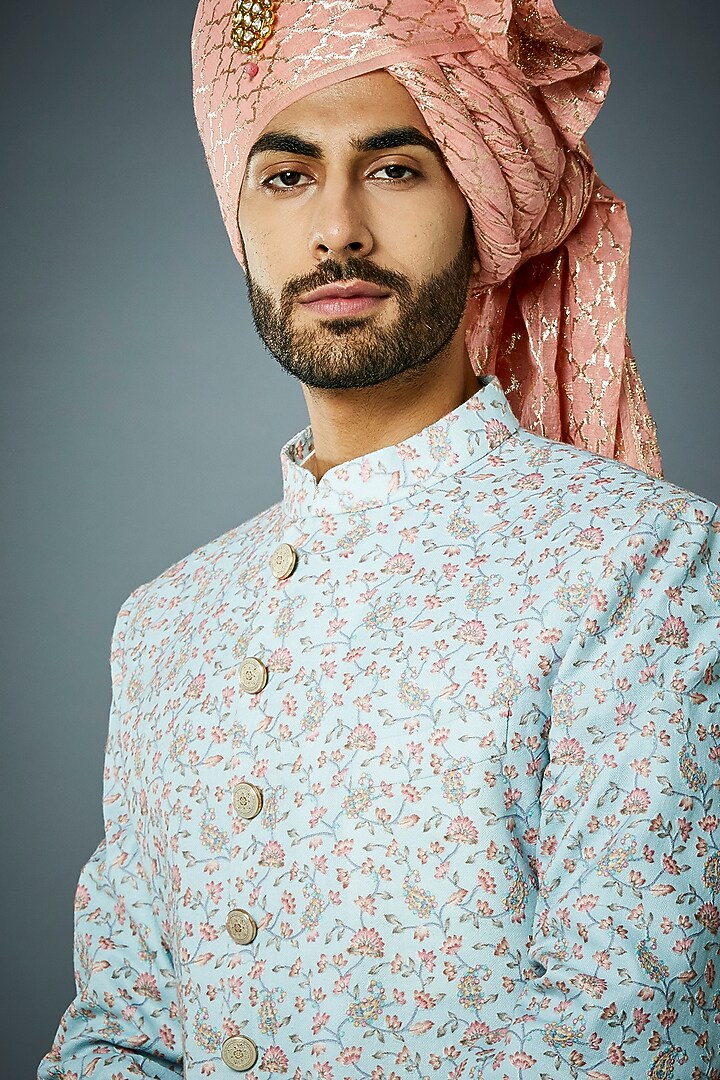Ice Blue Embroidered Wedding Sherwani Set by Gargee Designers at Pernia's Pop Up Shop
